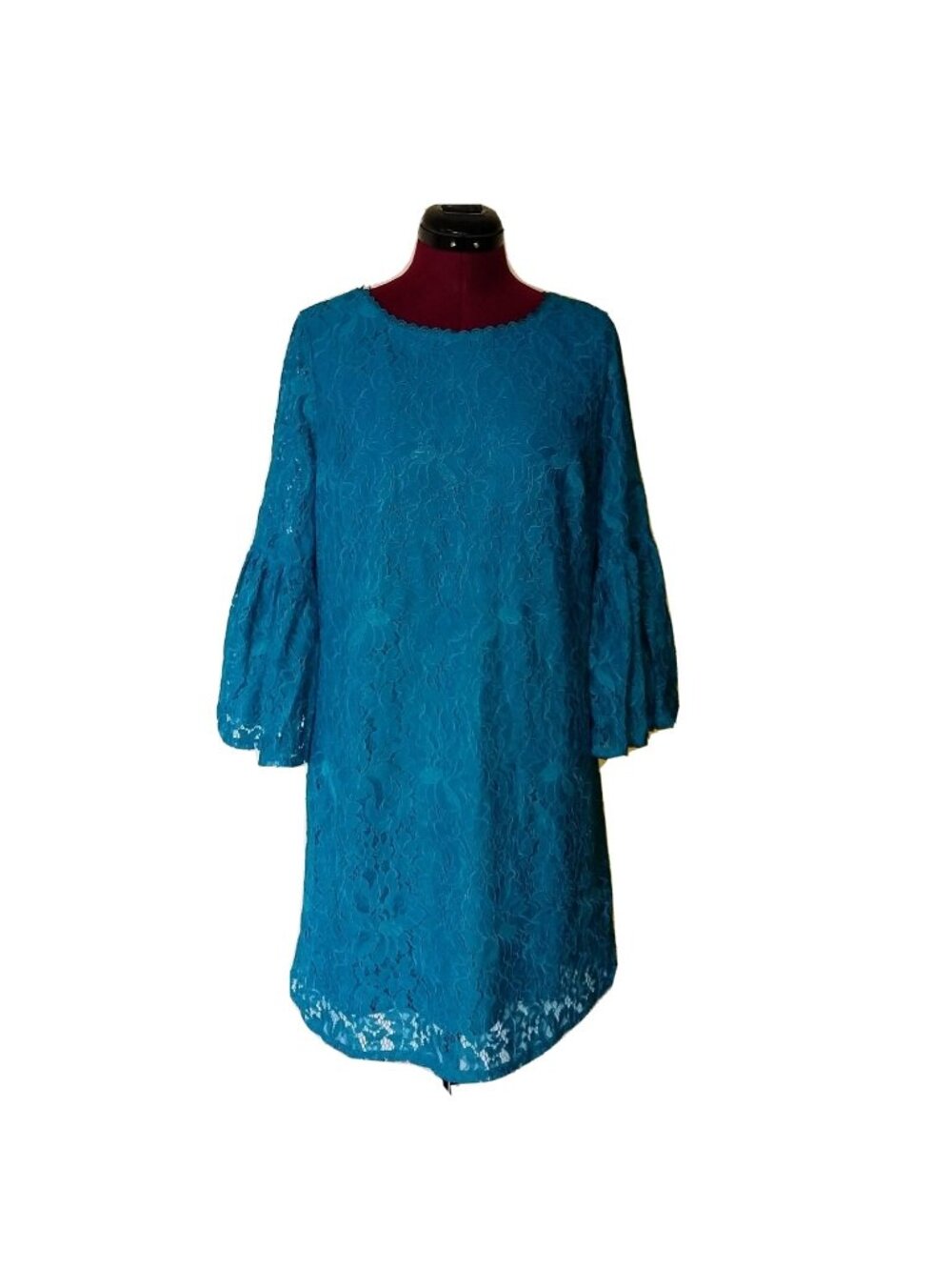 Laundry by Shelli Segal Dress 8P Teal Lace Bell Sleeve V Back Sheer Lined